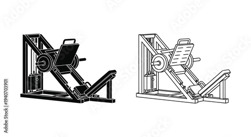 Detailed line art of gym leg press machine two views black and white silhouette