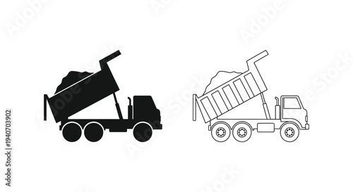 Two dump truck depictions one solid and one outlined in a minimalist silhouette
