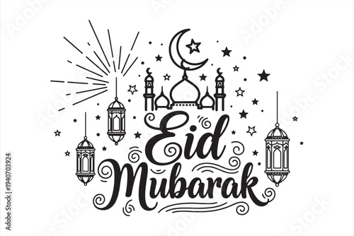 Beautiful eid mubarak islamic celebration greeting card design with mosque lanterns and stars vector illustration.