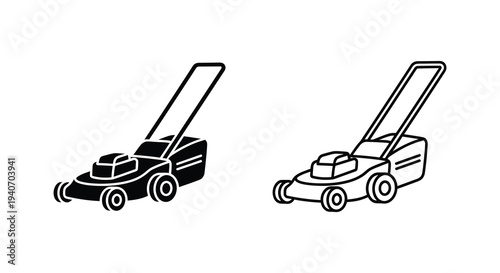 Two black lawnmowers depicted in a minimalist style a bold silhouette