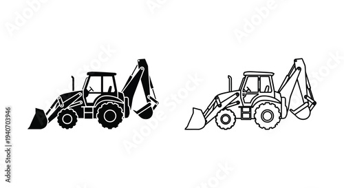Two black and white illustrations of a backhoe loader graphic silhouette