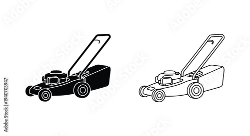 Two lawnmower illustrations in black and white a simple graphic silhouette