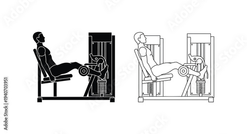 Exercise machine illustration showing leg extensions in black and white silhouette