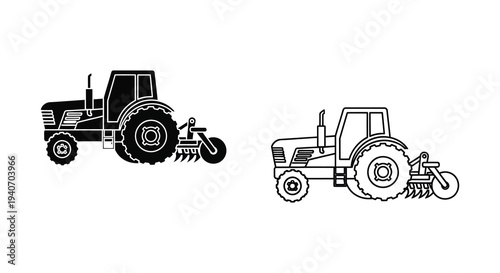 Two tractor illustrations one in solid black showcasing a bold silhouette