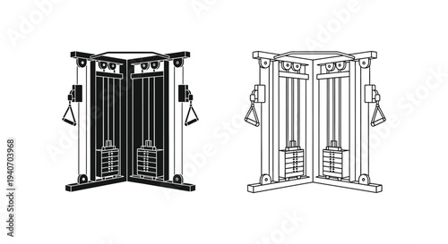 Two depictions of a functional trainer machine in black and white silhouette