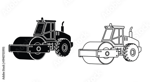 Two steamrollers depicted in black and white a striking silhouette