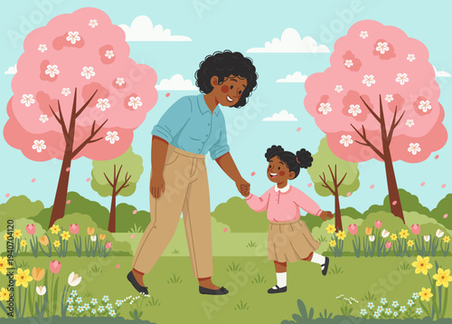 Happy african american mother and daughter walking in spring park – flat vector illustration of family leisure