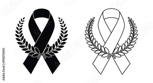Ribbon awareness symbols with laurel wreaths a striking black silhouette