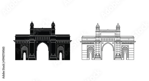 India gate Mumbai architectural monument black and white graphic silhouette
