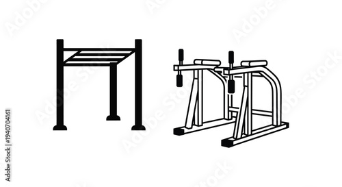 Two black linear depictions of gym equipment a minimalist silhouette