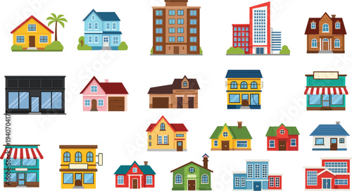 houses and buildings icon set, residential homes collection, urban architecture illustration, city buildings and shops, real estate property icons