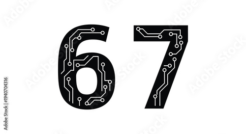 Digital numbers  sixty seven formed with circuit board lines silhouette