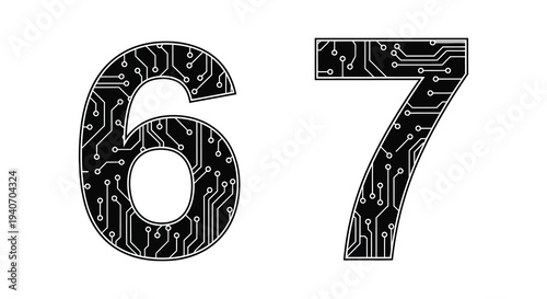 Digital numbers six and seven with circuit board design a striking silhouette