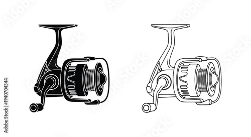 Two fishing reels presented in a stark black and white illustration silhouette