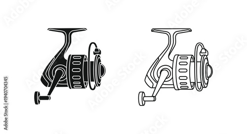 Two fishing reel illustrations in black and white simplified silhouette