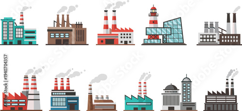 industrial factory buildings set, manufacturing plants collection, power plant and refinery icons, industrial architecture illustration, heavy industry facilities design