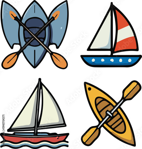 Sailing and Kayaking Water Activity Icons

Description: Vector set of nautical icons featuring sailboats and kayaks with oars for summer water sports and recreation
