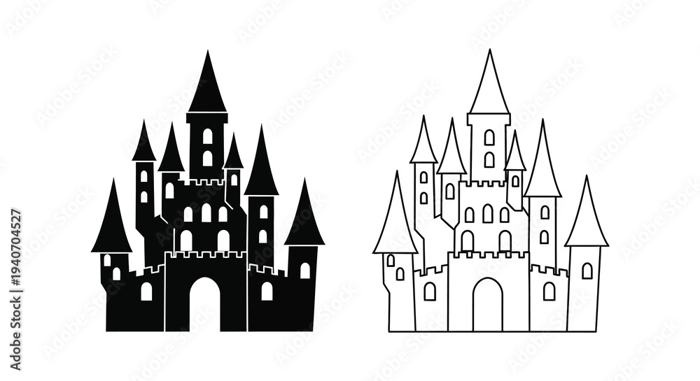 Fototapeta premium Two castle outlines one solid black and one white a striking silhouette