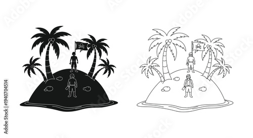 Tropical island scene with pirates and palm trees in a striking silhouette