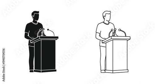 Man speaking at a podium outlined in a striking black silhouette