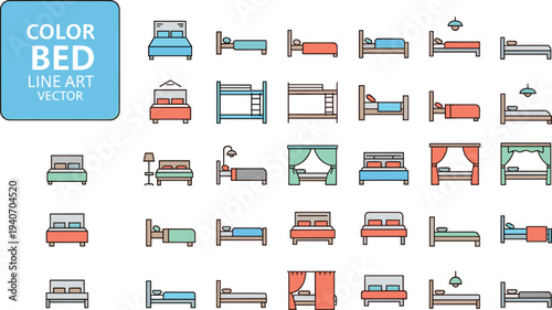 Large collection of color bed line art icons including bunk beds, canopy frames, double mattresses, single cots, and bedroom furniture,