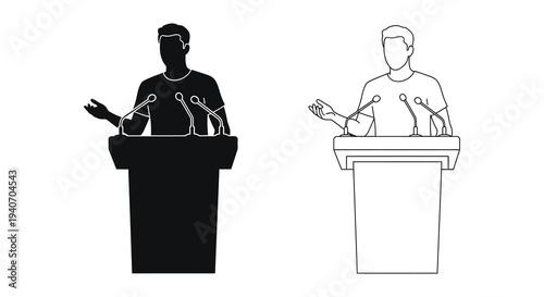 Two speakers at podiums with microphones depicted in a striking silhouette