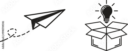 Innovative idea generation with paper airplane and light bulb