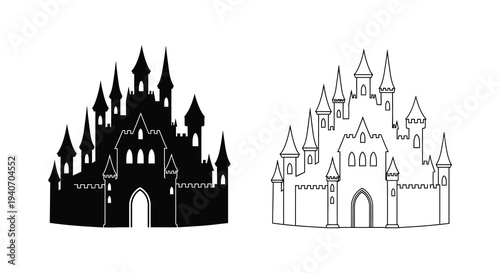 Detailed castle illustrations one in black and one in white a striking silhouette