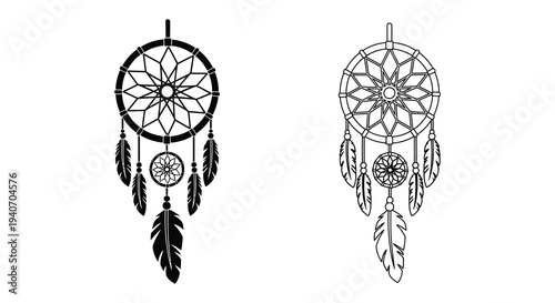 Two dreamcatchers with detailed webbing and feathers a striking silhouette