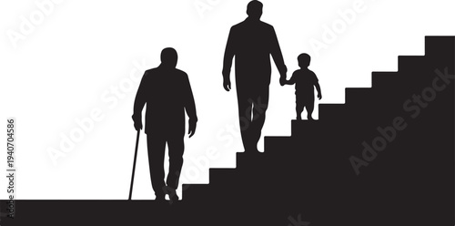 Father helping disabled child climb stairs white background