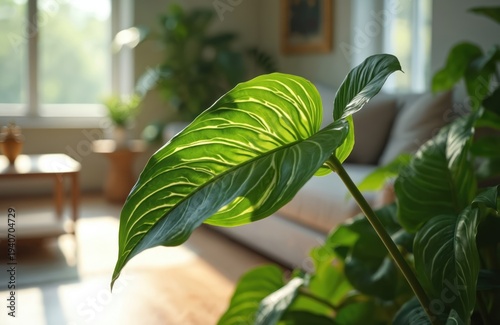 Large green leaf with light stripes grows indoors. Sunlight shines through leaf veins. Cozy living room interior with sofa, furniture visible.