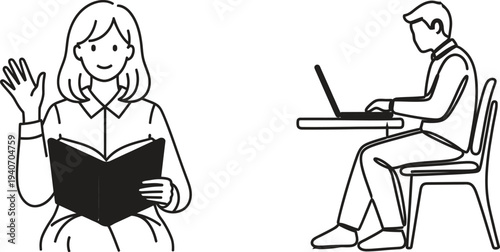 A woman reading a book and a man working on a laptop