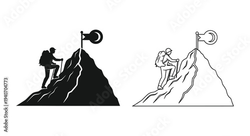 Hikers ascending mountains with flags shown in a dramatic silhouette