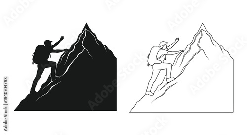 Mountaineer climbing a peak presented in dual black and white styles silhouette