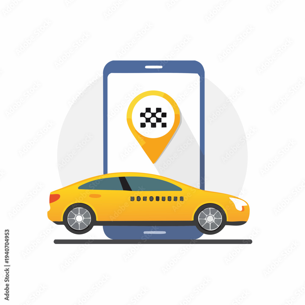 Naklejka premium Taxi car application on smartphone. Online taxi booking service. Location pointer and taxi car