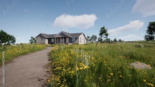 Single story residential structure sits amidst a vibrant field of tall grass and yellow wildflowers under a bright sky