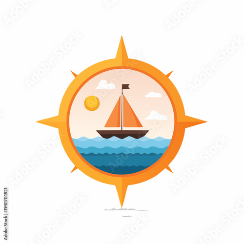Sailboat on the sea framed in a nautical compass illustration