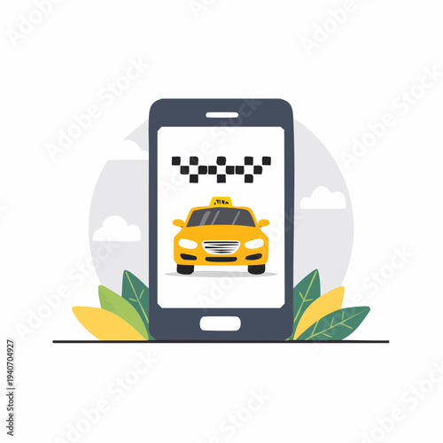 Taxi cab app on smartphone screen, online booking service concept, vector illustration