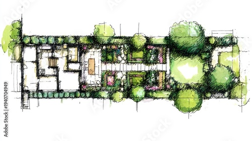 Hand drawn architectural site plan illustrates building layout and exterior landscape design elements