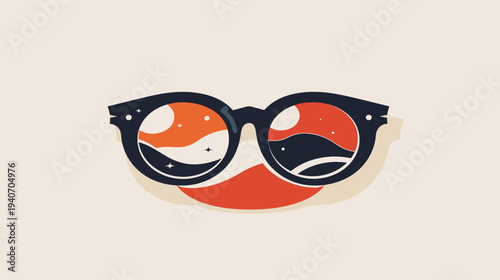 Abstract illustration of sunglasses with landscape reflections and orange lips