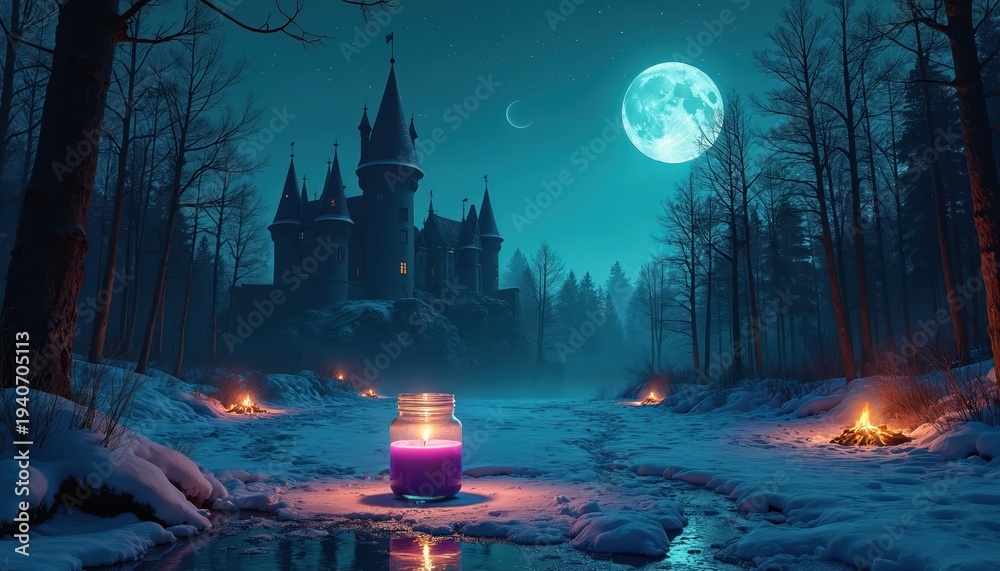 Naklejka premium Dark fantasy castle on snowy hill under full moon night. Purple candle glows in foreground, small campfires light winter forest path. Mystical fairy tale scene.