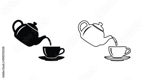 Teapot pouring into a teacup contrasting styles black silhouette