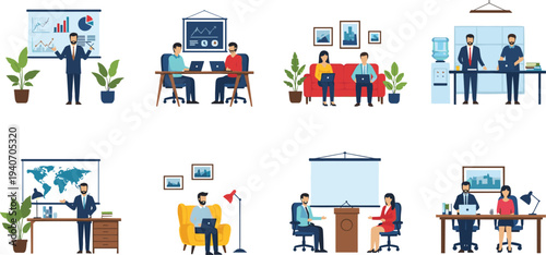 Modern office teamwork business meeting collaboration workspace professionals presentation startup brainstorming corporate people productivity management creative workplace discussion illustration