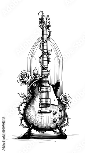 Electric Guitar in Bell Jar with Roses Engraving Style Black and White Vector Illustration