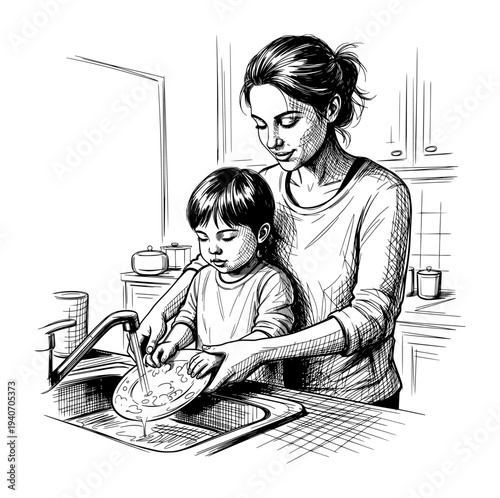 Mother and Child Washing Dishes in Kitchen Black and White Engraving Style Vector Illustration