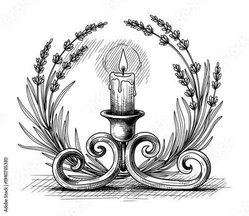 Burning Candle in Holder with Lavender Wreath Engraving Style Black and White