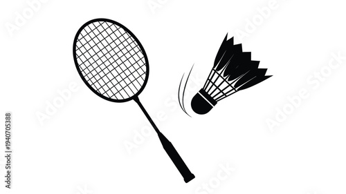 Badminton racket and shuttlecock in a striking black silhouette