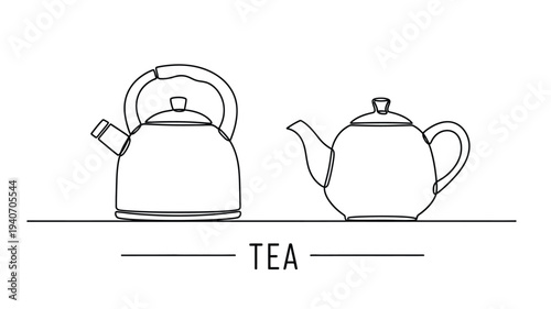 Minimalist line art depicts two teapots with a simple text label silhouette