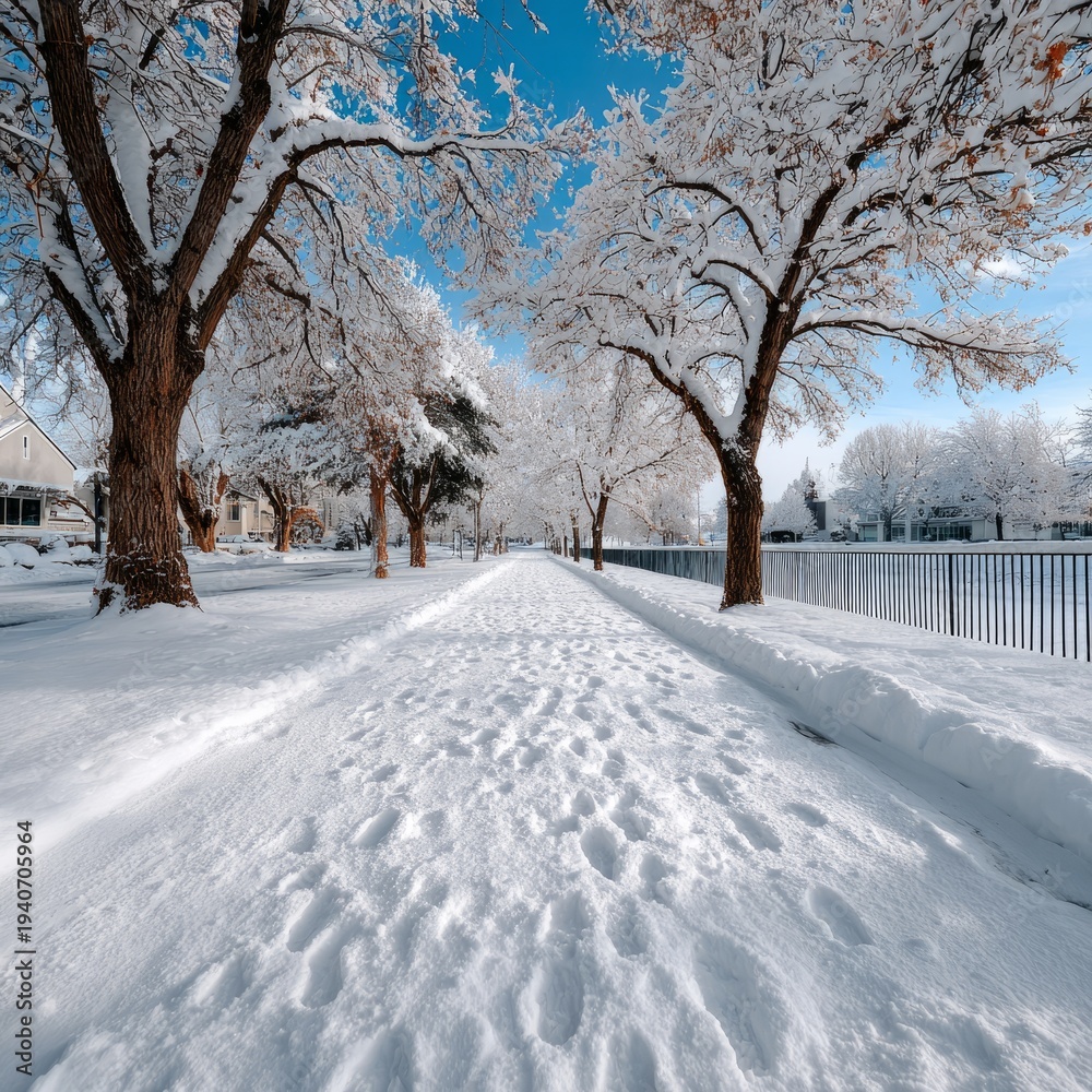 Fototapeta premium Snow-covered pathway lined with trees in winter landscape