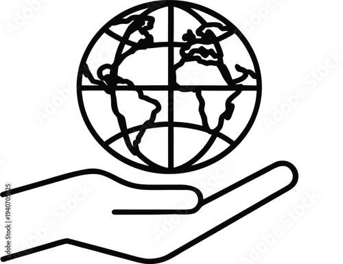 Global environmental protection, worldwide earth care, outline icon. Line sign globe with latitude and longitude in hand. 